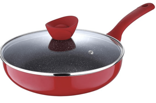 Bergner Bellini Plus 5 Layer Marble Non Stick Frypan/Sautepan with Glass Lid, 26 cm, 3.1 litres, Induction Base, Soft Touch Handle, Food Safe, Thickness 3.2mm, Red